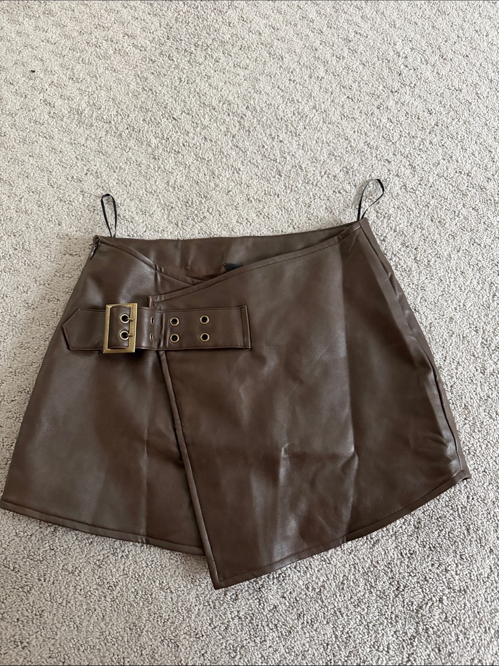 Cider Brown Faux Leather Wrap Mini Skirt with Buckle Detail